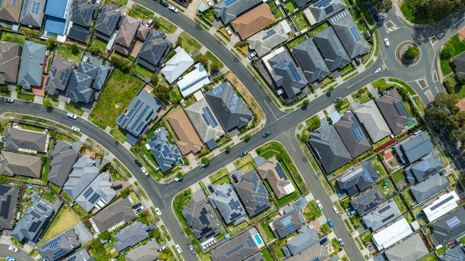 Rooftop solar across an Australian suburb, seen from above